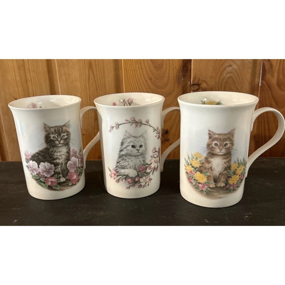 Vintage Crown Trent Kittens in the Garden Mugs Fine Bone China England Set of 3